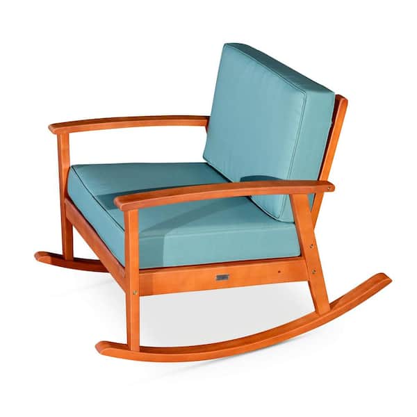 Zeus & Ruta Natural Oil Finish Eucalyptus Wood Outdoor Rocking Chair with Sage Green Cushion for Garden, Patio, Poolside, Backyard