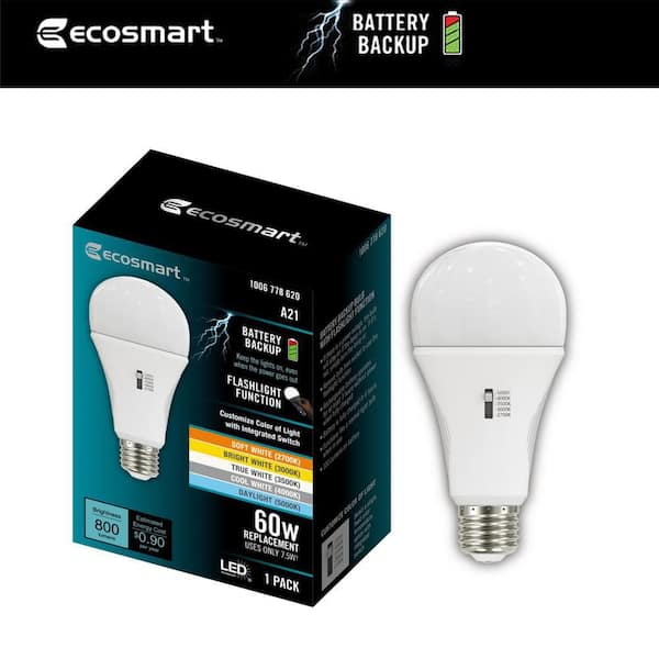 EcoSmart 60-Watt Equivalent A21 Dimmable CEC Battery Backup LED Light Bulb with Selectable 5 Color Temperature (1-Pack)