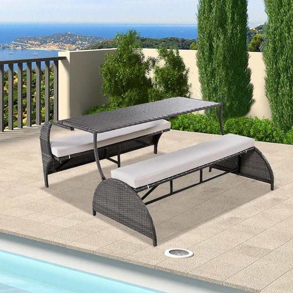 Unbranded 55.1 in. Beige Rectangle Wicker Picnic Table Seats 4 People Outdoor Loveseat Convertible Suitable for Garden and Lawn