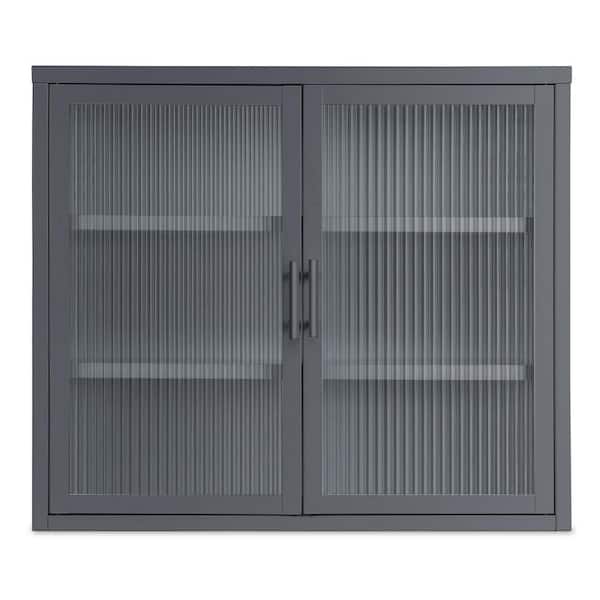 cadeninc 27.6 in. W. x 9.1 in. D x 23.6 in. H Grey Double Glass Door Wall Cabinet with Detachable Shelves for Bathroom, Kitchen