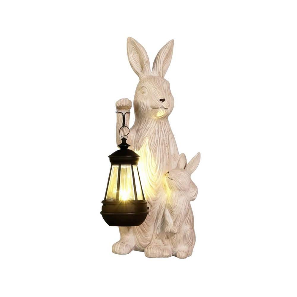 7 in. x 14 in. White Resin Solar Bunny Garden Statue with LED