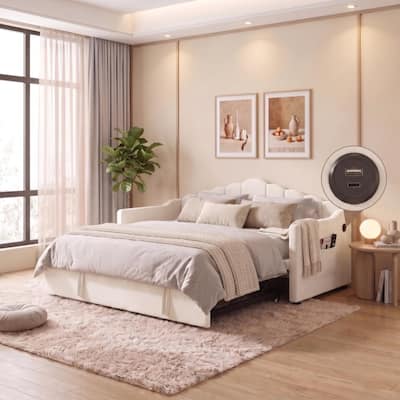 Beige Twin Size Upholstered Daybed with Adjustable Height Pop Up Trundle, 2 Side Pockets and USB & Type-C Charging Port