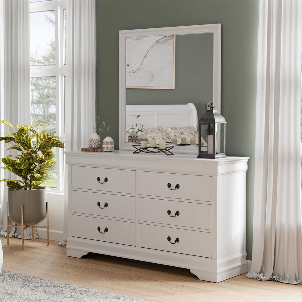 White Rubberwood Transitional 6-Drawer Dresser with Mirror