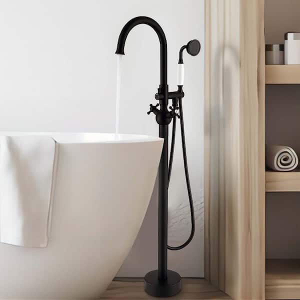 UPIKER Double Handle Freestanding Floor Mount Tub Filler Faucet with Hand Shower and Swivel Spout in Matt Black