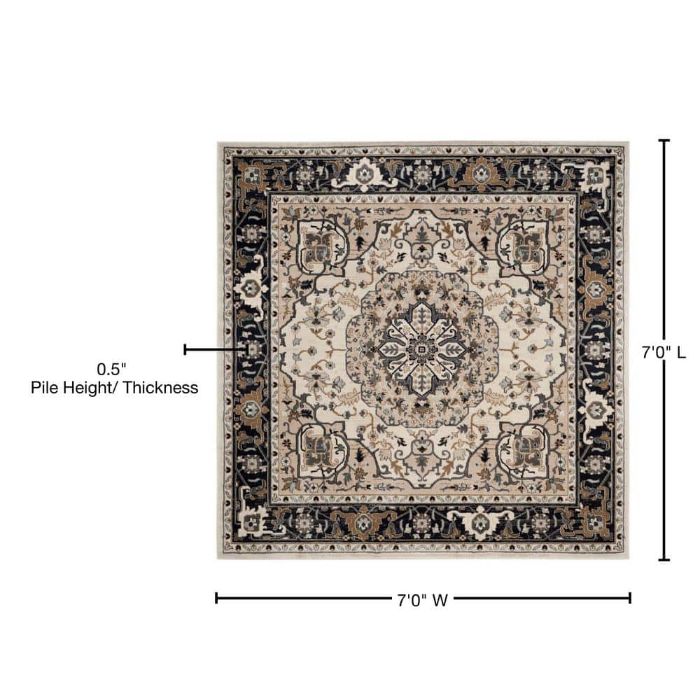 Safavid Style Cream and Navy Synthetic Square Area Rug