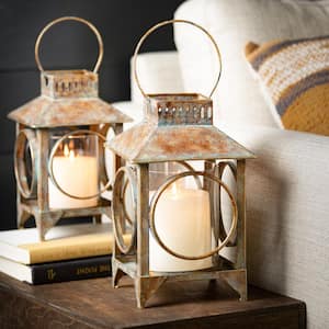 12.25 in. and 14 in. Brown Patinaed Open-Frame Lanterns (Set of 2)