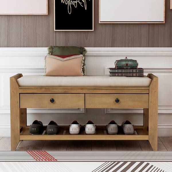 Harper Bright Designs Entryway Brown Storage Bench With Cushioned Seat Drawers And Shoe Rack 19 8 In H X 39 W 14 D Wf195386aad Harper Bright Designs Entryway Brown, Shoe Storage Bench Hallway