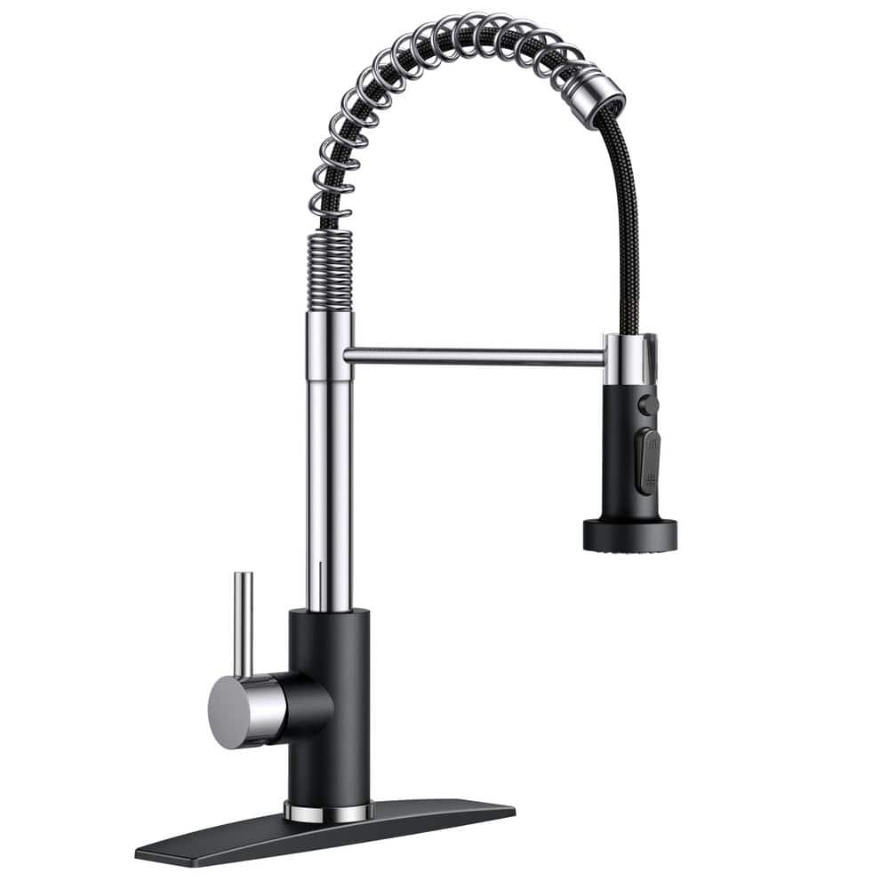 Single Handle Pull Down Sprayer Kitchen Faucet with Deckplate and Swivel Spout in Black Chrome -  androme, AA4BCH