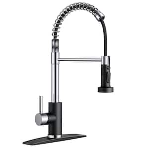 Single Handle Pull Down Sprayer Kitchen Faucet with Deckplate and Swivel Spout in Black Chrome