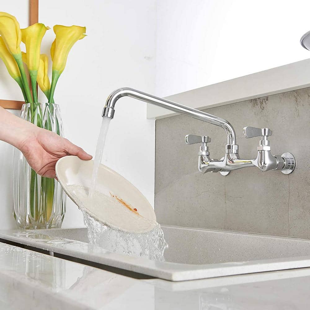 Polished Chrome Double Handle Wall Mount Kitchen Faucet with 12 Inch Swivel Spout