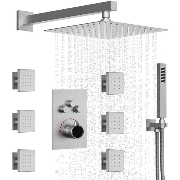 YAWWALK Thermostatic 7-Spray 12 in. Wall Mount Dual Shower Head and Handheld Shower in Brushed Nickel (Valve Included)