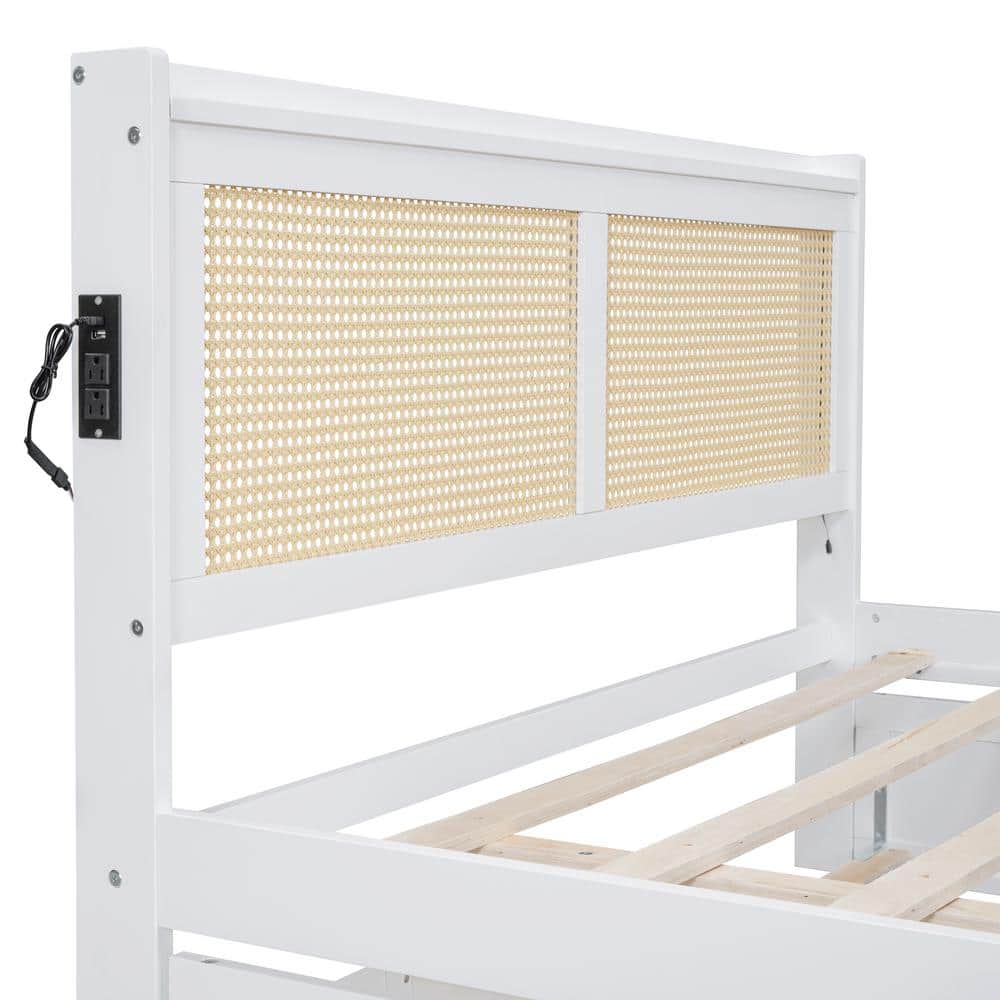White Pine Queen Platform Bed with Rattan Headboard and Storage Drawers