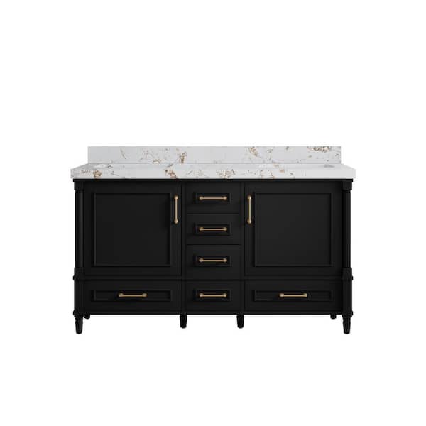 Willow Collections Hudson 60 in. W x 22 in. D x 36 in. H Double Sink Bath Vanity in Black with 2 in. Viola Gold Qt. Top
