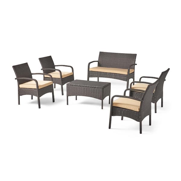 Noble House Cordoba Brown 6-Piece Faux Rattan Outdoor Patio Conversation Seating Set with Tan Cushions