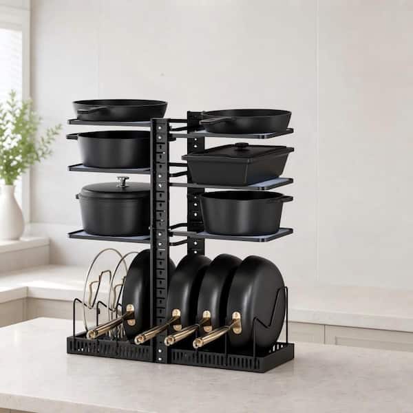 Black 6-Tier Height-Adjustable Standing Pot Rack with Dividers - 24 in. Max Height for Cabinet Cookware Storage
