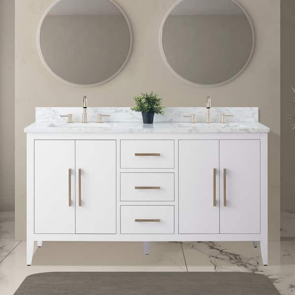 60 in. W x 22 in. D x 34 in. H Double Sink Bathroom Vanity Cabinet in White with Engineered Marble Top in White