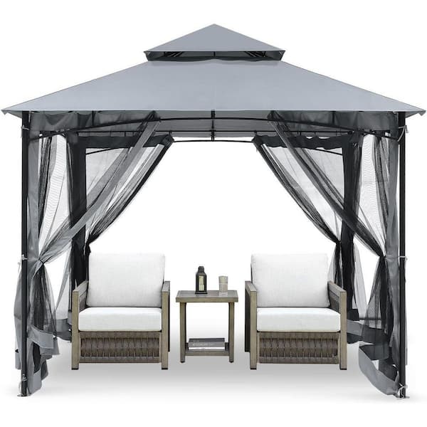 Gray 12 ft. x 12 ft. Steel Frame Outdoor Patio Gazebo Party Tent Event Canopy with Double Roofs and Mosquito Netting