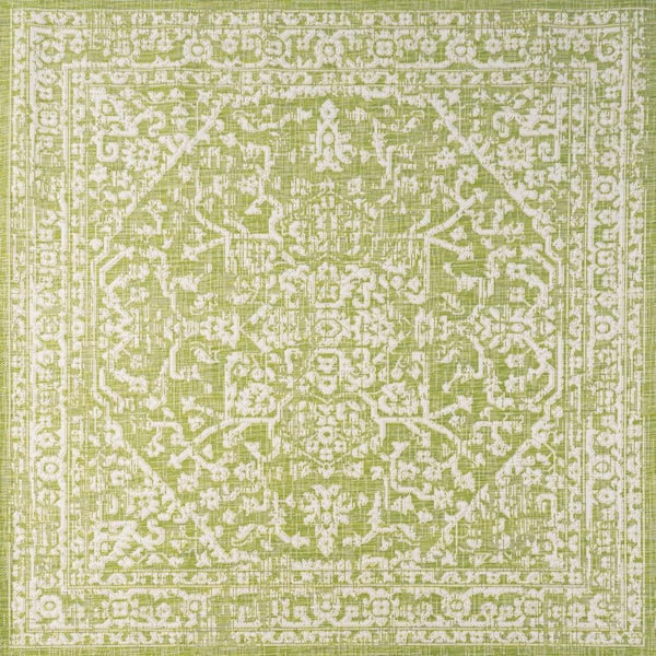 Green/Cream 5 ft. Square Malta Bohemian Medallion Textured Weave Indoor/Outdoor Area Rug