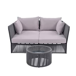 Woven Rope Outdoor Coffee Table Set with Sunbed Chaise Lounger Loveseat Daybed in Gray