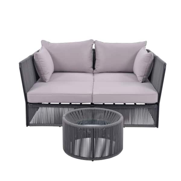 ITOPFOX Woven Rope Outdoor Coffee Table Set with Sunbed Chaise Lounger Loveseat Daybed in Gray