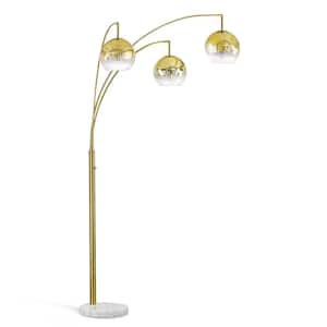 Metro 83 in. Brushed Brass 3-Lights LED Dimmable Globes Arc Floor Lamp with Golden Glass Shade and LED Vintage Bulbs