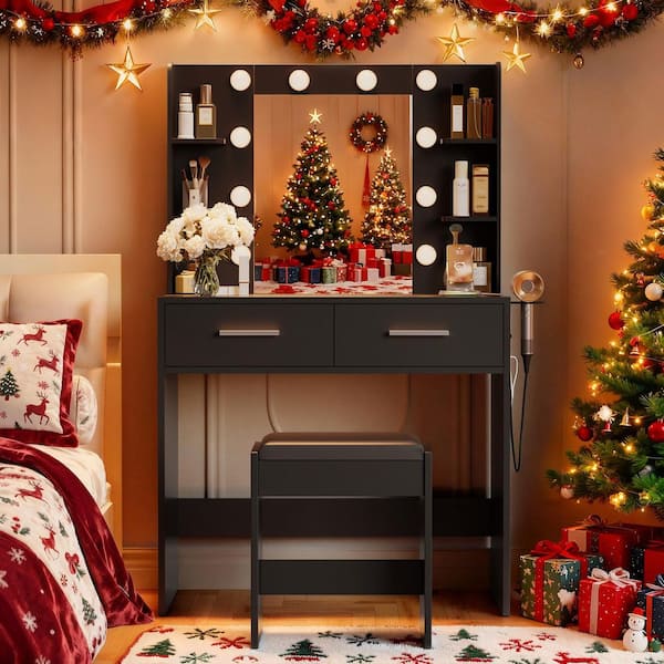 Makeup Vanity Sets with Mirror and Power Outlet, Dressing Table Sets with 2-Drawers, 4-Storage Shelves and Bench, Black