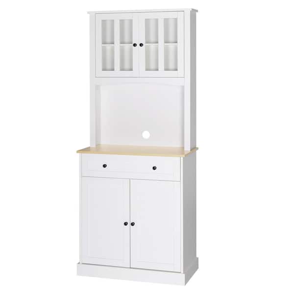 VEIKOUS White Wood 30 in. W Kitchen Pantry Cabinet Storage with Buffet Cupboard, Microwave Stand and Adjustable Shelves
