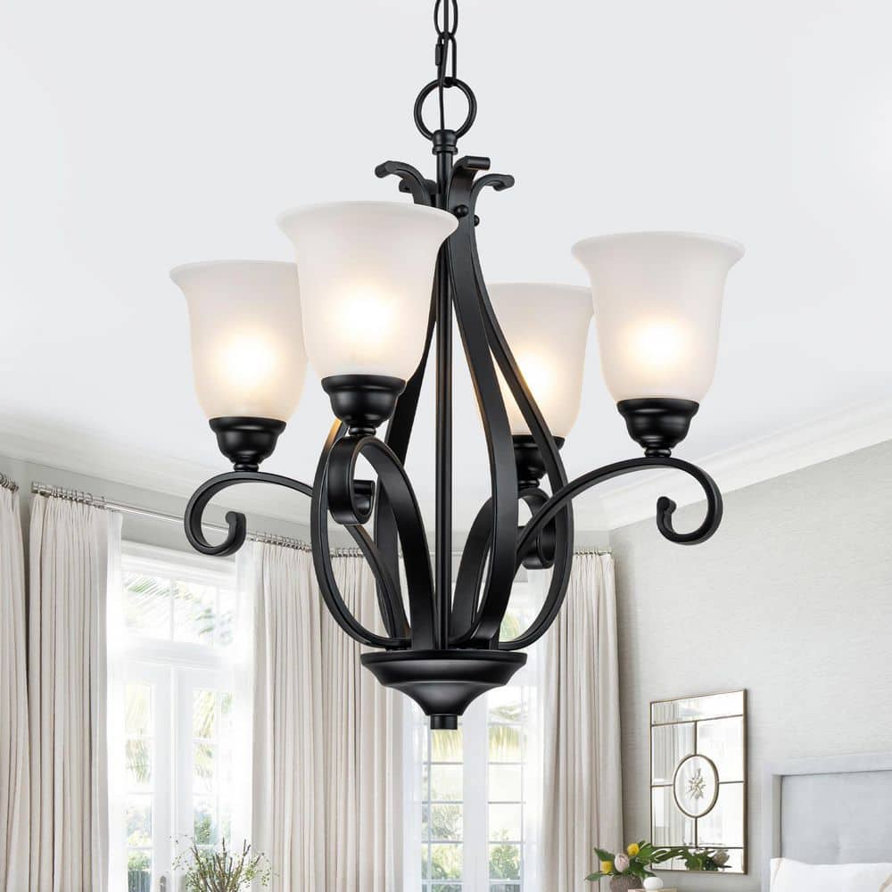 18 in. 4-Light Traditional Matte Black Chandelier with White Frosted Glass Shades for Dining Room Living Room Foyer price history on PriceWatchPro