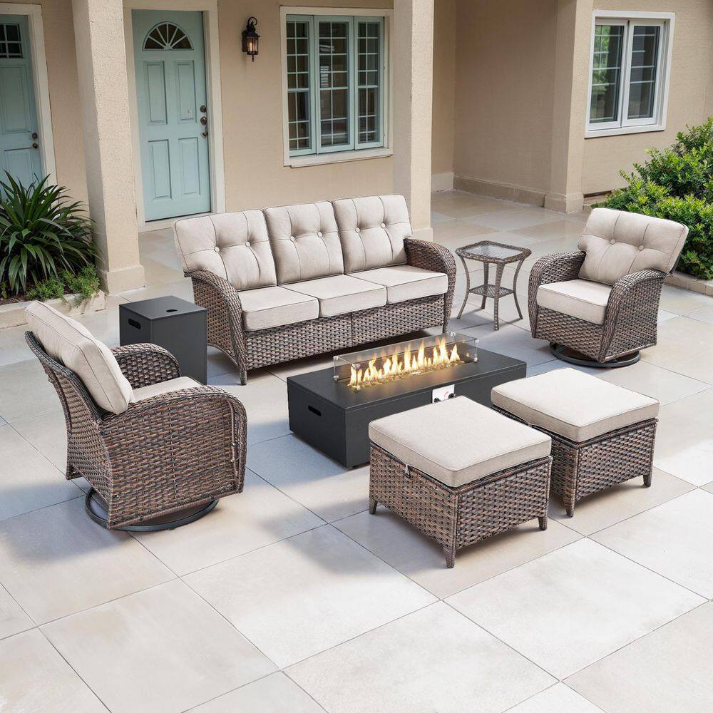 TWrap Brown 7-Piece Wicker Outdoor Patio Fire Pit Conversation Set with Beige Cushions and Swivel Gliders price history on PriceWatchPro