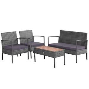 Gray 4-Piece Wicker Patio Conversation Set with Square Table and Gray Cushions