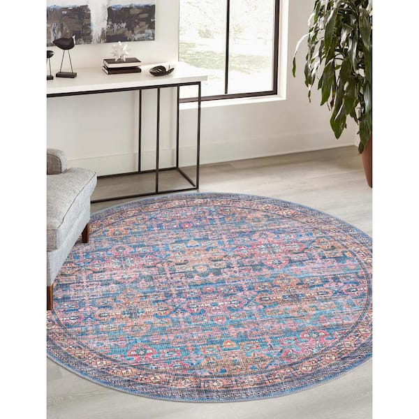 Nostalgia Bliss Antique Blue 8 ft. Round Machine Washable Area Rug