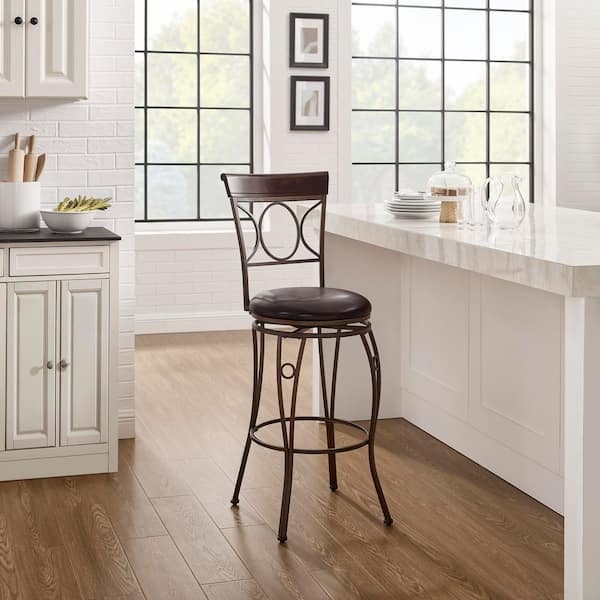 Henry Circle Back 30 in. Brown High Back Metal Bar Stool with Faux Leather Seat