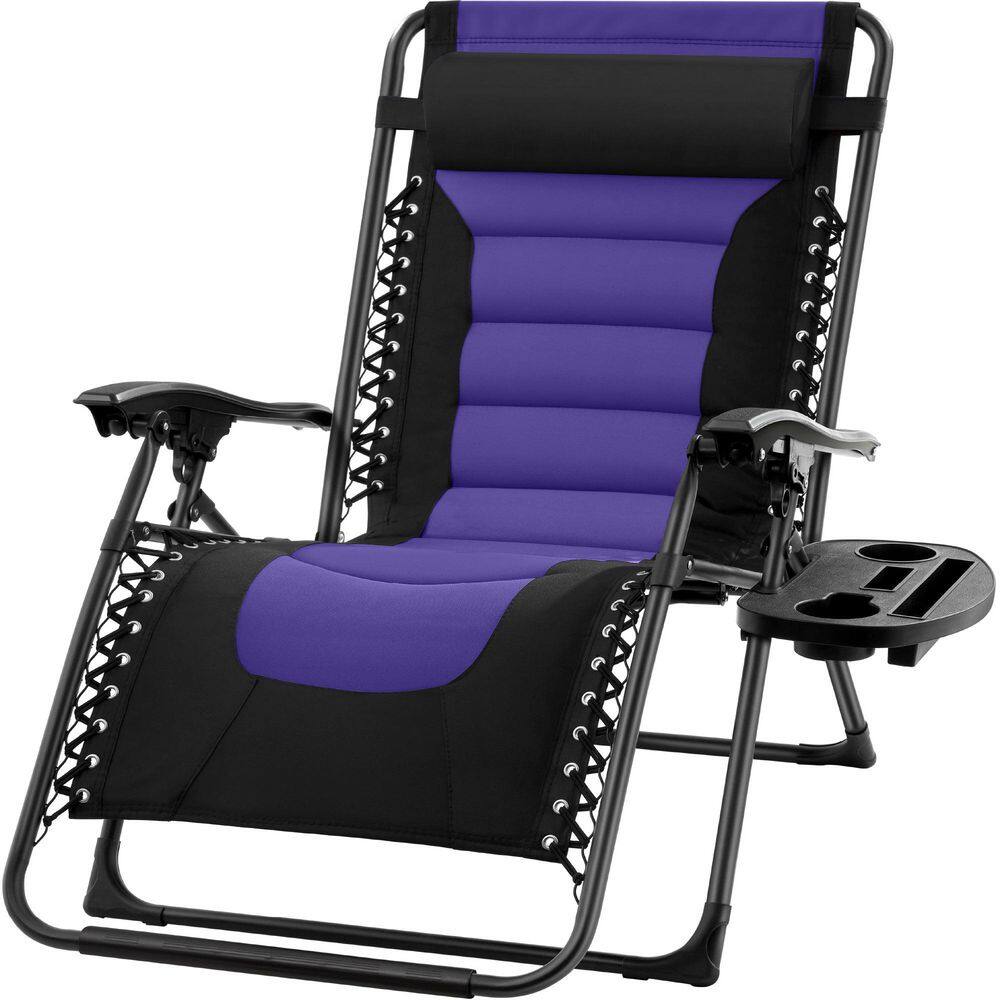 Padded Purple Metal Outdoor Recliner with Headrest, Side Tray