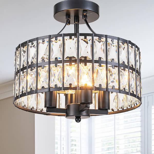 Modern 12.6 in. 4-Light Round Black Drum Semi Flush Mount Ceiling Light with Clear Crystal Glass With No Bulbs Included