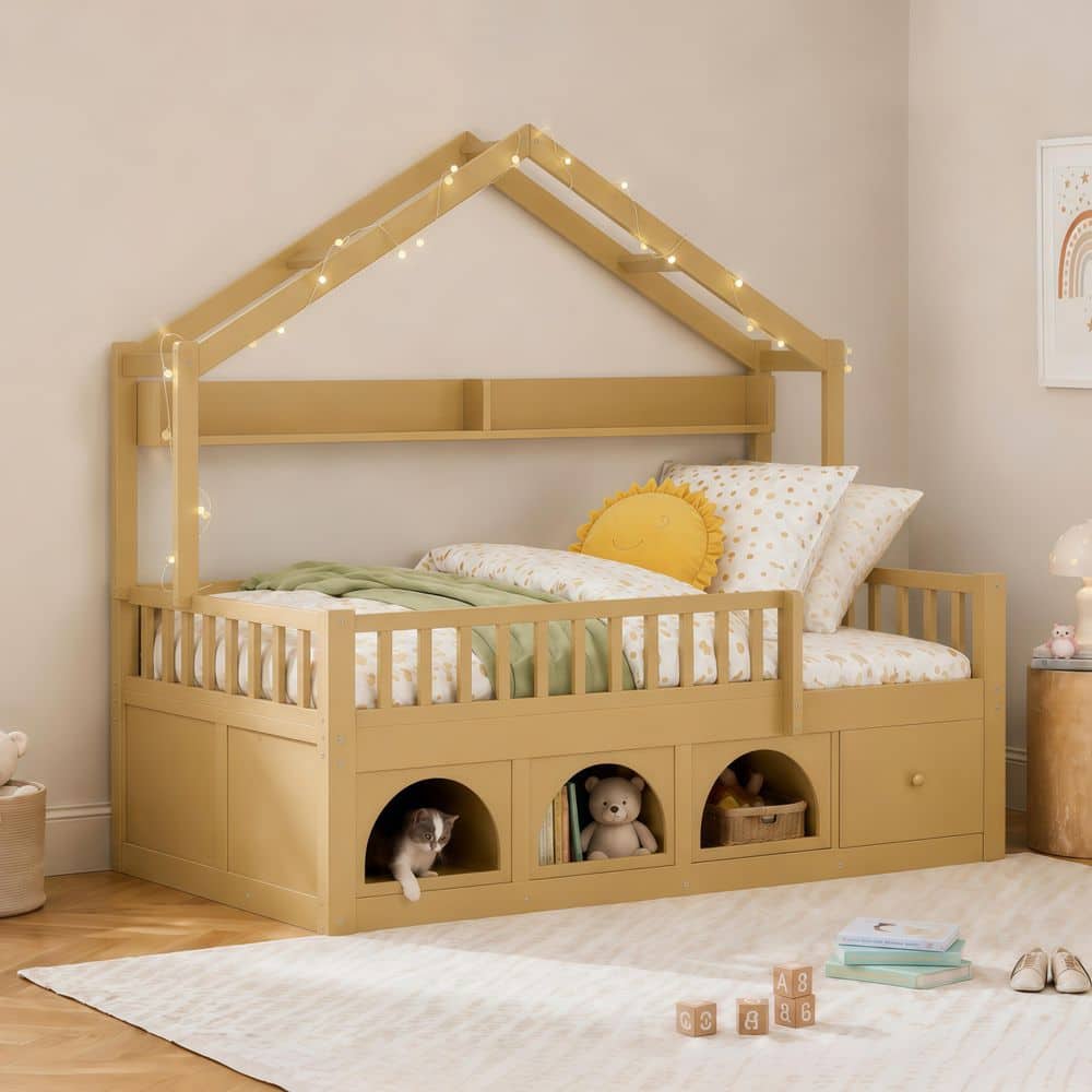Montessori House Bed with LED Lights Natural Brown Wood Frame Twin Kids Platform Bed with Storage Cubbies, Drawers price history on PriceWatchPro