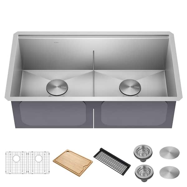 KRAUS Kore 33 in. Undermount Double Bowl 16 Gauge Stainless Steel Kitchen Workstation Sink with Accessories
