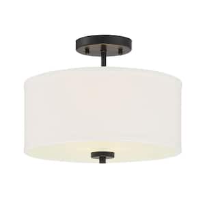 Meridian 13 in. W x 10 in. H 2-Light Matte Black Semi-Flush Mount Ceiling Light with White Fabric Shade