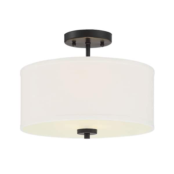 Savoy House Meridian 13 in. W x 10 in. H 2-Light Matte Black Semi-Flush Mount Ceiling Light with White Fabric Shade