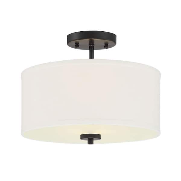 TUXEDO PARK LIGHTING 13 in. W x 10 in. H 2-Light Matte Black Semi-Flush Mount Ceiling Light with White Fabric Shade