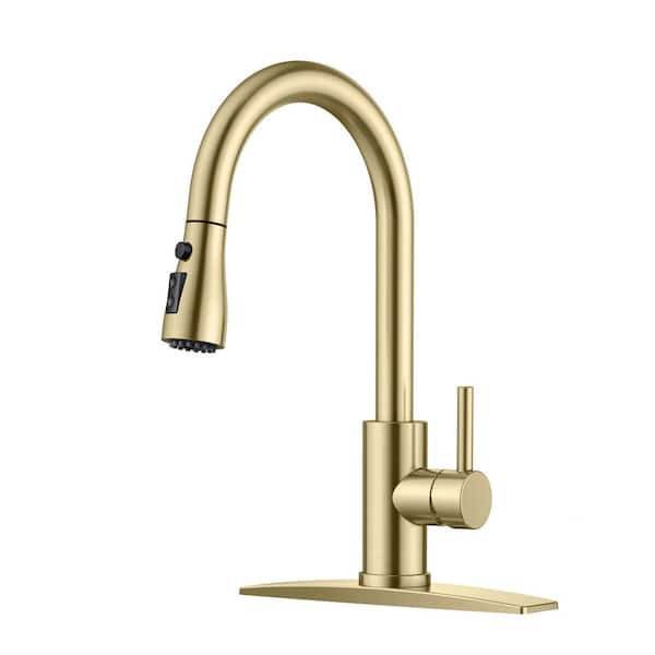 FURUISI Single Handle Kitchen Faucet with Pull Down Sprayer High-Arc Kitchen Sink Faucet with Deck Plate in Gold