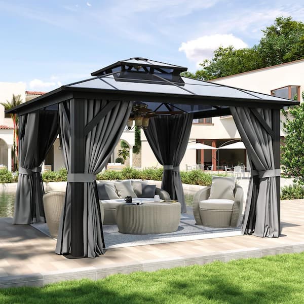 Grey Hardtop Gazebo 12 ft. x 12 ft., Aluminum Frame Permanent Pavilion with Curtains and Netting