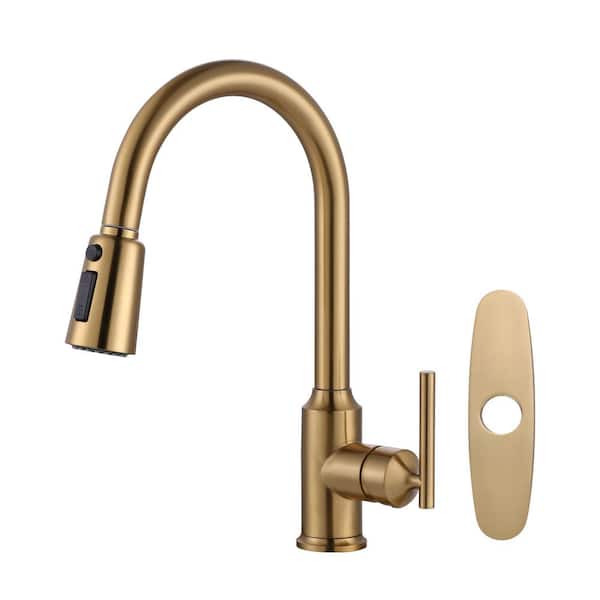 ARCORA Single Handle Pull Down Sprayer Kitchen Faucet with Deckplate in Gold