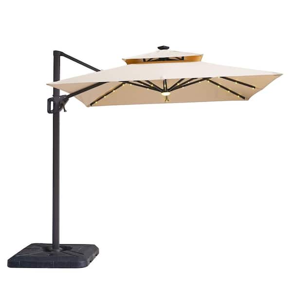 Furniture of America Yetta 8 ft. Aluminum Cantilever Crank Tilt and 360 Square Patio Umbrella and LED Lights in Tan