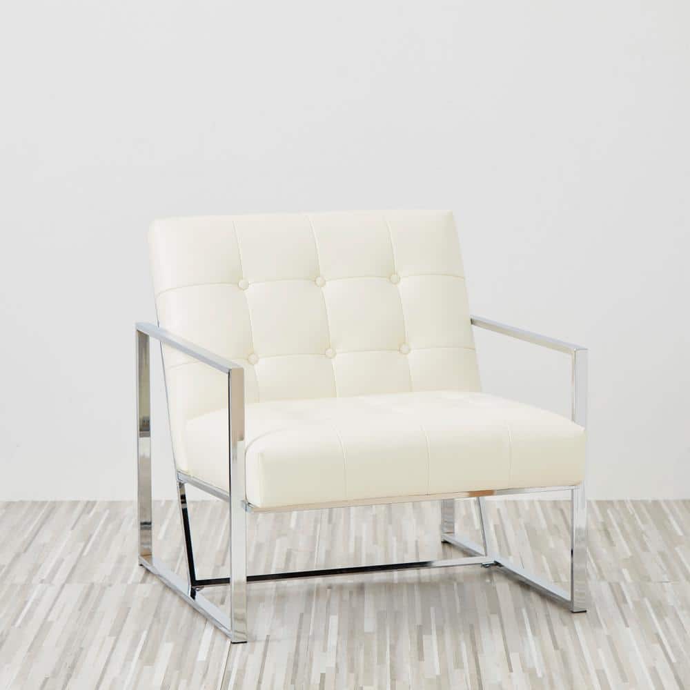 Mid-Century Chrome-Plated White Faux Leather Accent Chair