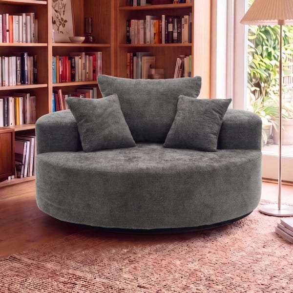 Modern 55" Oversized Round Gray Swivel Sofa Bed with High-Density Foam Cushion for Living Room, Bedroom