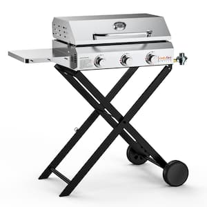 3-Burner Flat Top Propane Gas Grill Griddle Stove in Silver with Cart, Stainless Steel Side Shelf and Lid