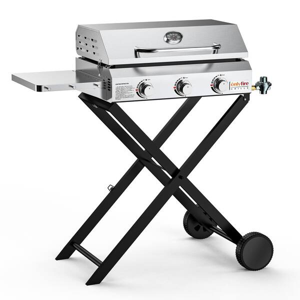 onlyfire 3-Burner Flat Top Propane Gas Grill in Silver with Cart, Stainless Steel Side Shelf and Lid