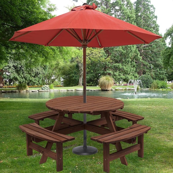 Verion 70.07 in. Brown Round Solid Wood Outdoor Patio Picnic Table Seats 8-People with Umbrella Hole, 4-Built-in Benches