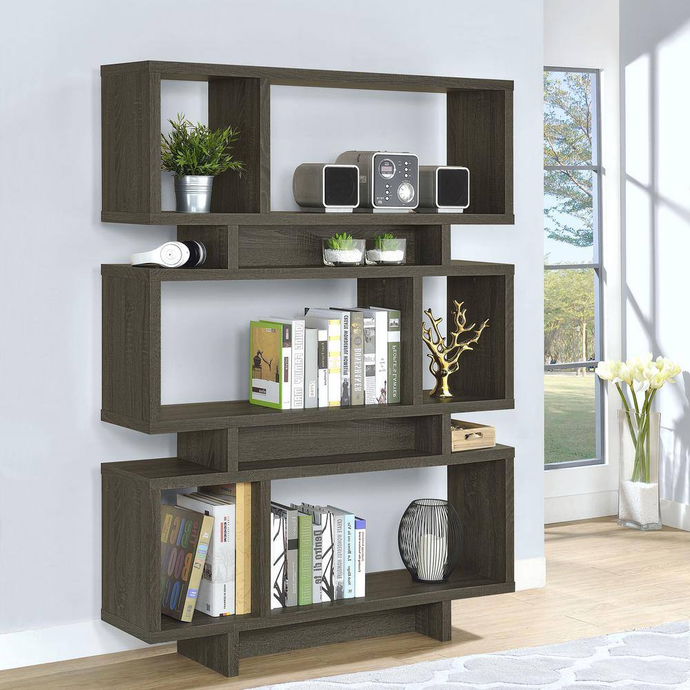 Transitional Weathered Gray Wood Bookcase with Artful Cubes