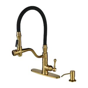 Single Handle Pull Down Sprayer Kitchen Faucet with Soap Dispenser, Pull Out Spray Wand in Solid Brass in Gold